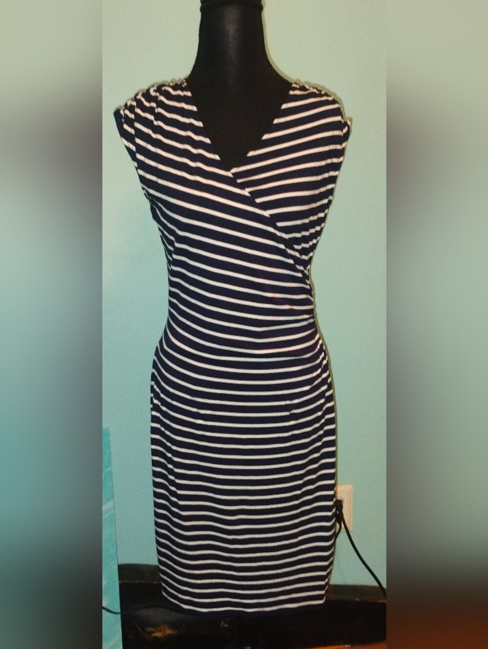 Ann Taylor Navy and White Striped Wrap-Style Midi Dress